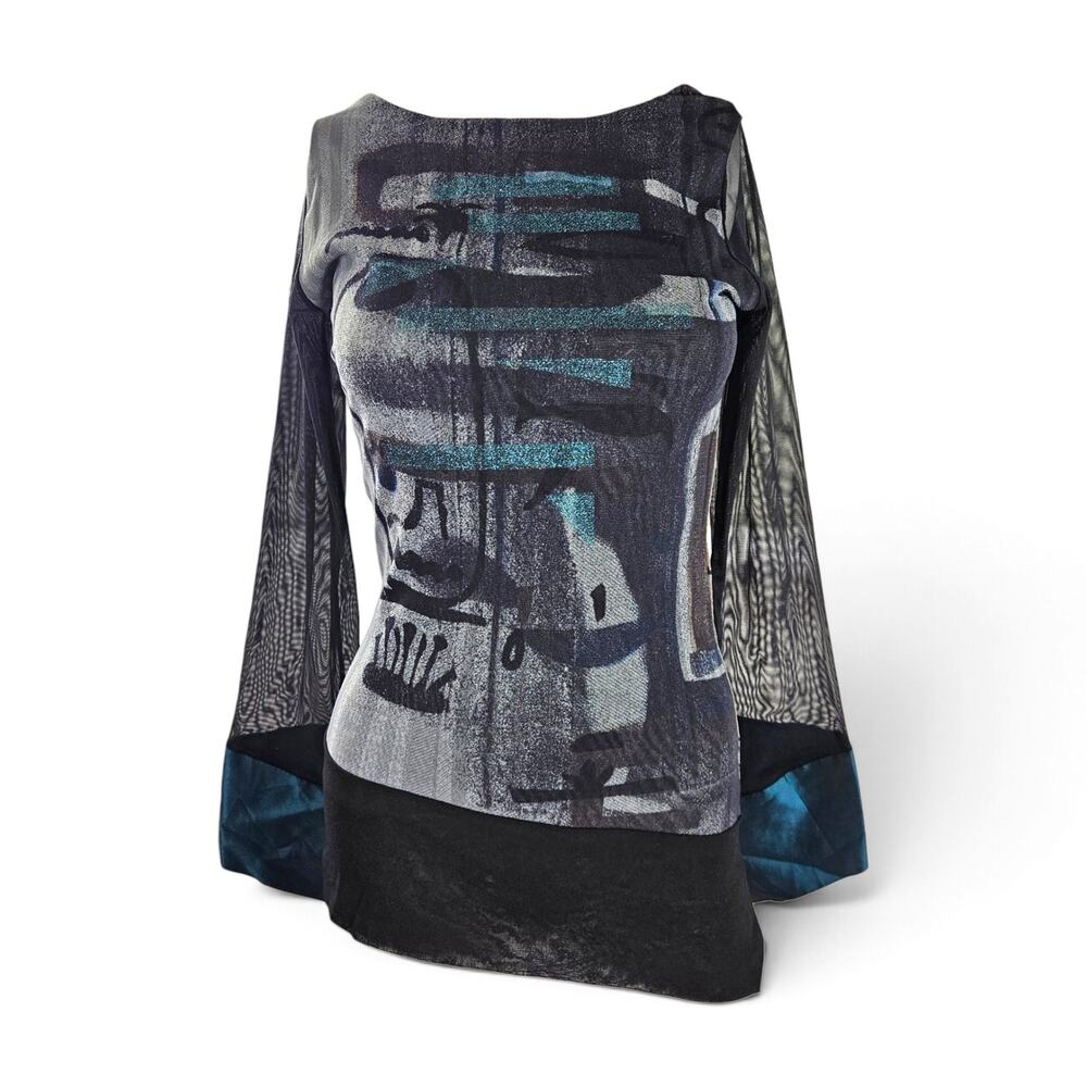 Vintage Save the Queen Mesh Top Y2K Asymmetrical Blue Graphic Sheer - Small